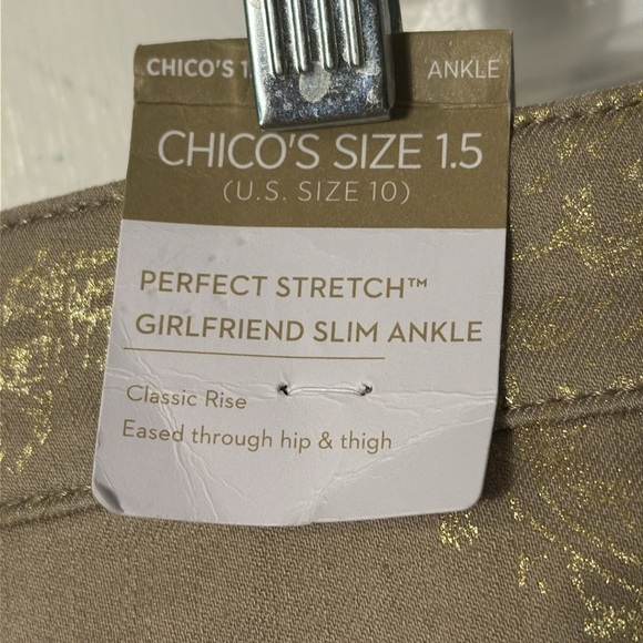 NWT Chico’s Tan & Gold Paisley Perfect Stretch Girlfriend Slim Ankle Jeans Sz 10 - Picture 8 of 12